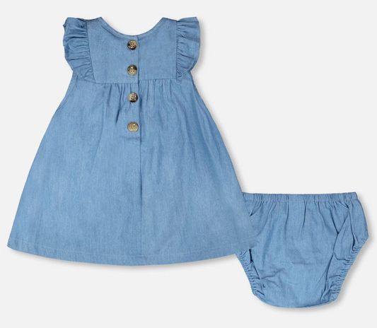 Chambray Dress and Bloomer Set - Floral Embroidered