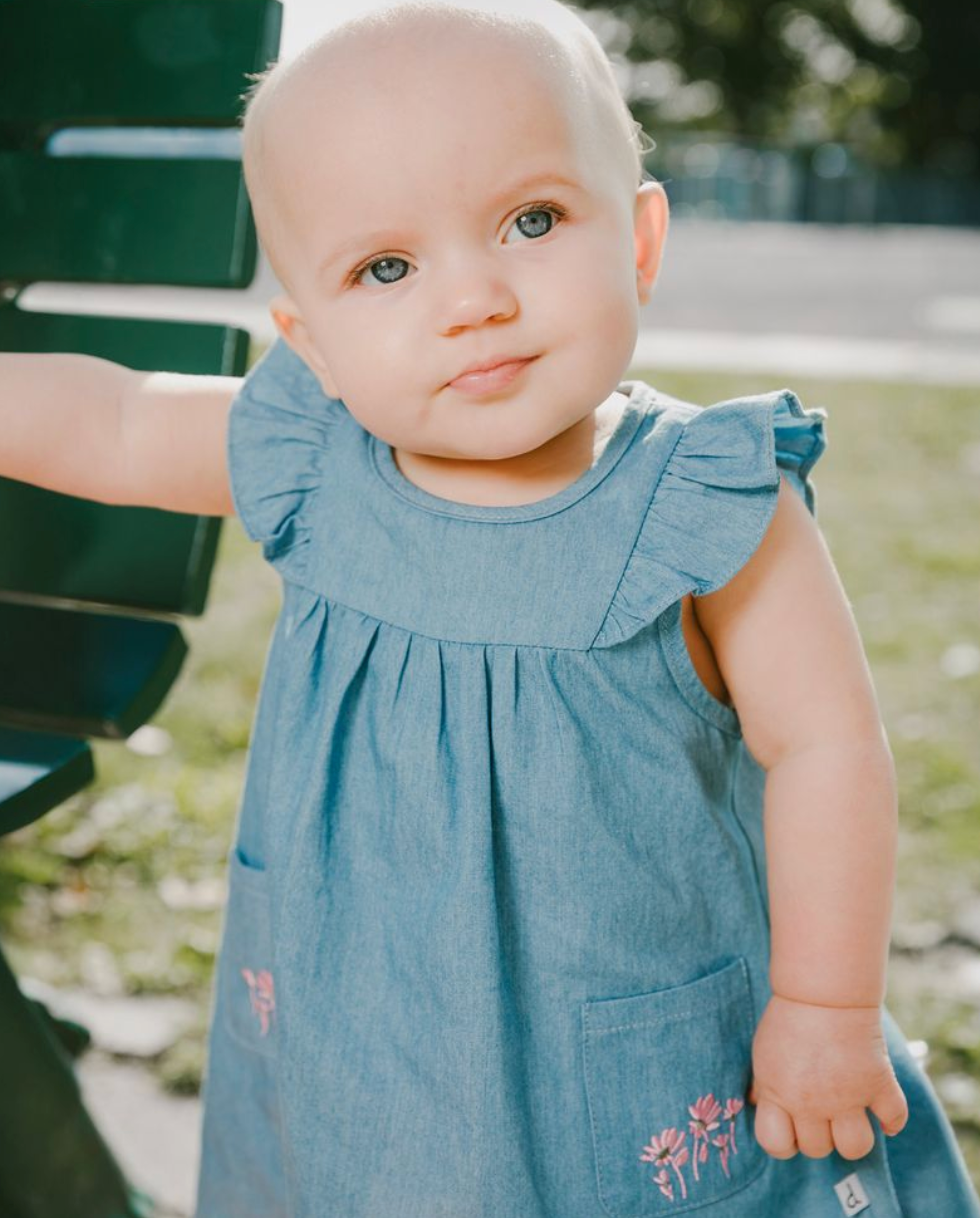 Chambray Dress and Bloomer Set - Floral Embroidered