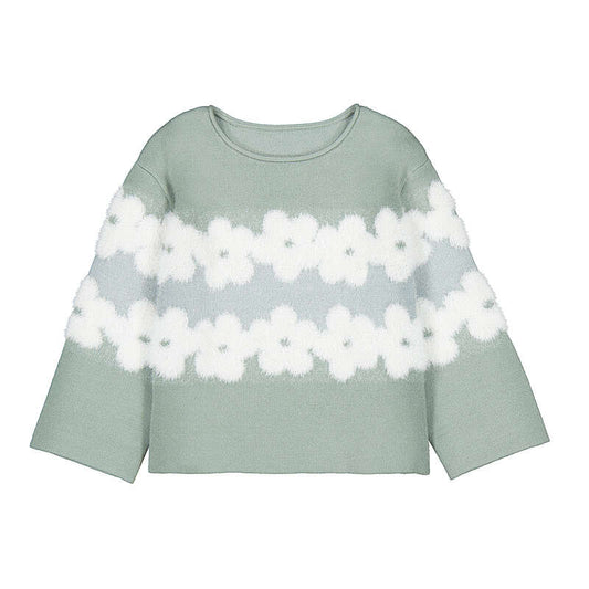 Jacquard Sage Floral Fuzzy Sweater