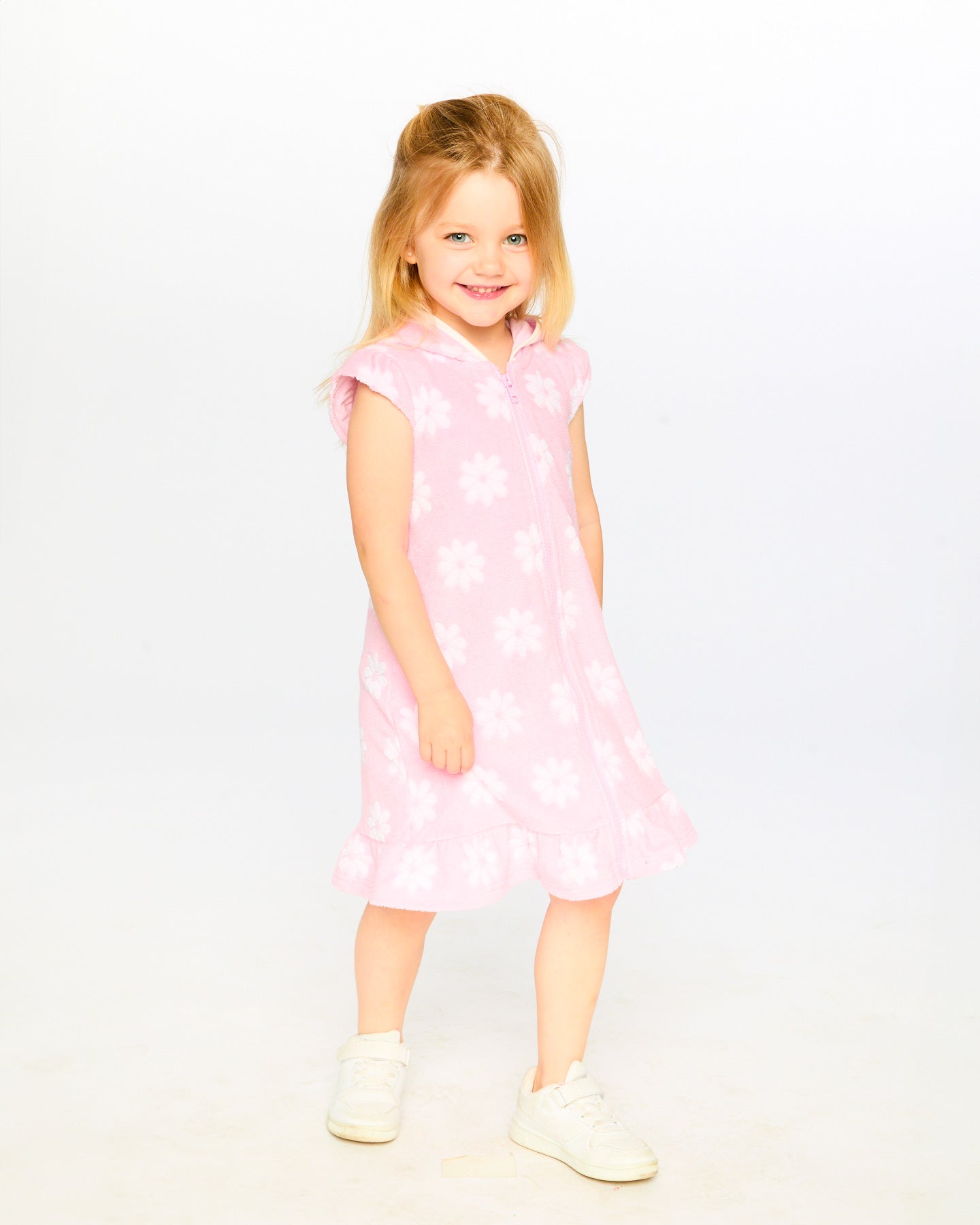 Terry Cloth Beach Hoodie Dress - Pink Daisy Swim Cover Up
