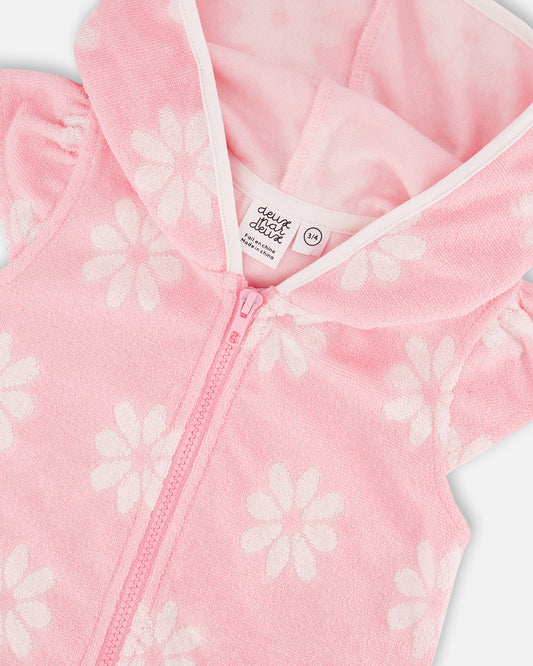 Terry Cloth Beach Hoodie Dress - Pink Daisy Swim Cover Up