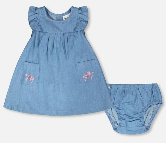 Chambray Dress and Bloomer Set - Floral Embroidered