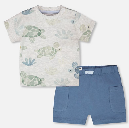 Organic Cotton Turtle Tee & Shorts Set - Grey & Blue